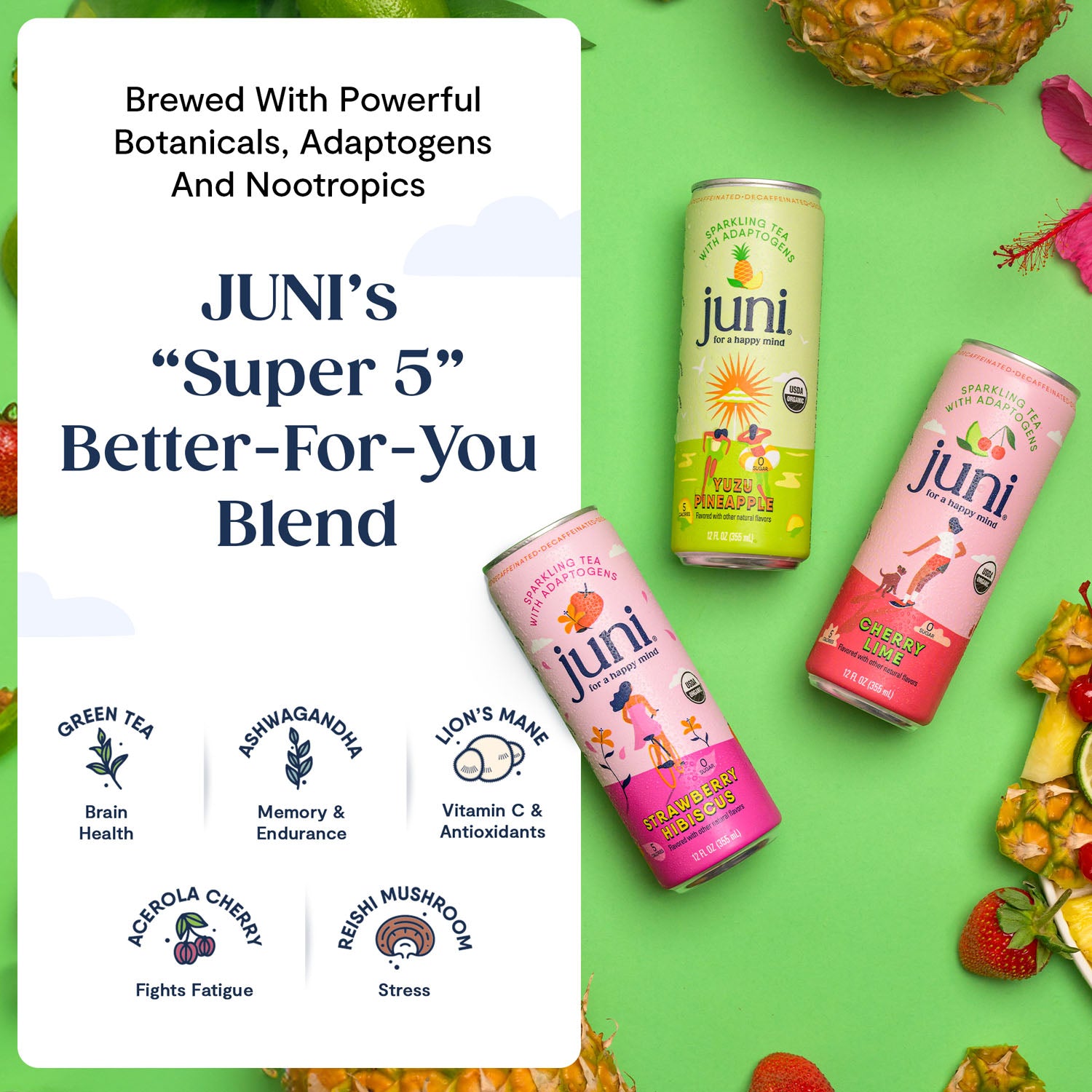 Juni Adaptogen Drinks with Lion's Mane and Ashwaganda. Sugar Free Drinks, Sparkling Green Tea