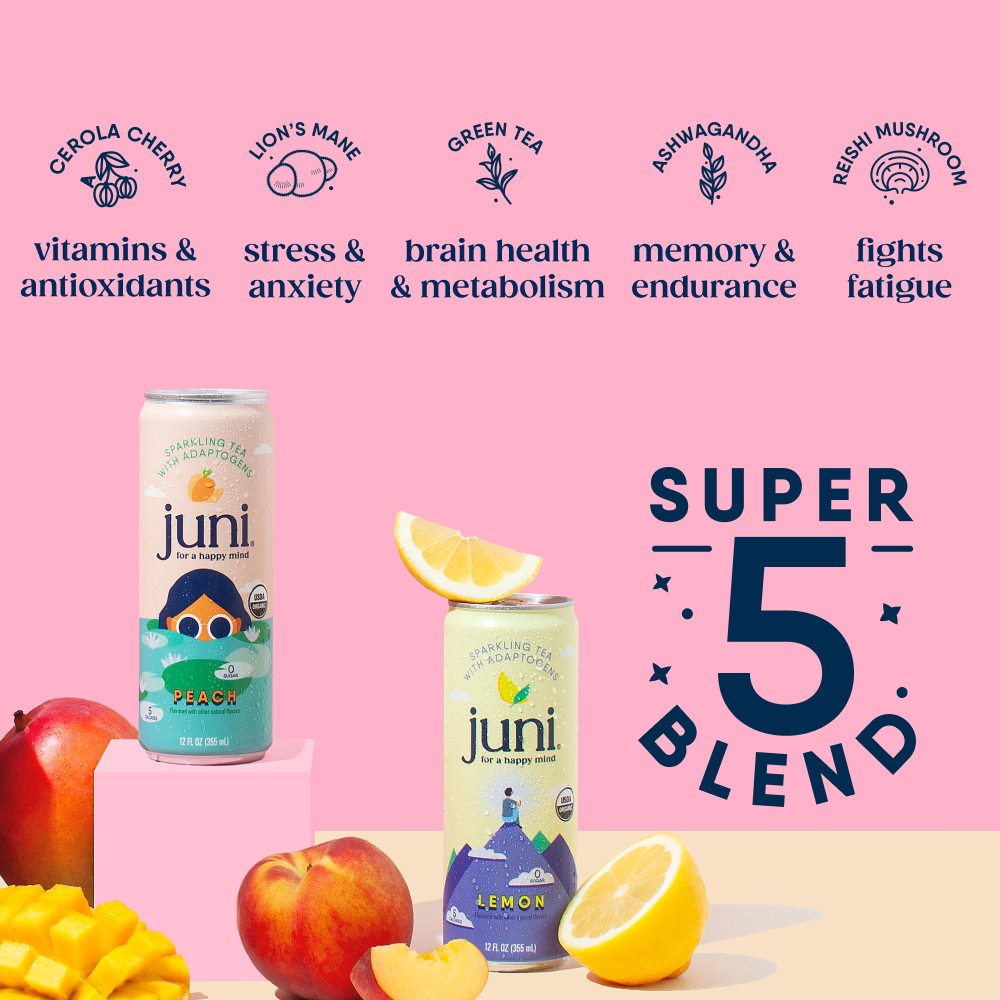 Juni Adaptogen Variety Pack 12 cans sparkling tea four flavors raspberry peach lemon tropical