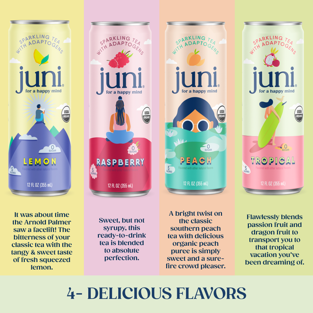 Juni Adaptogen Variety Pack 12 cans sparkling tea four flavors raspberry peach lemon tropical