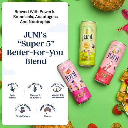 Juni Adaptogen Drinks with Lion's Mane and Ashwaganda. Sugar Free Drinks, Sparkling Green Tea